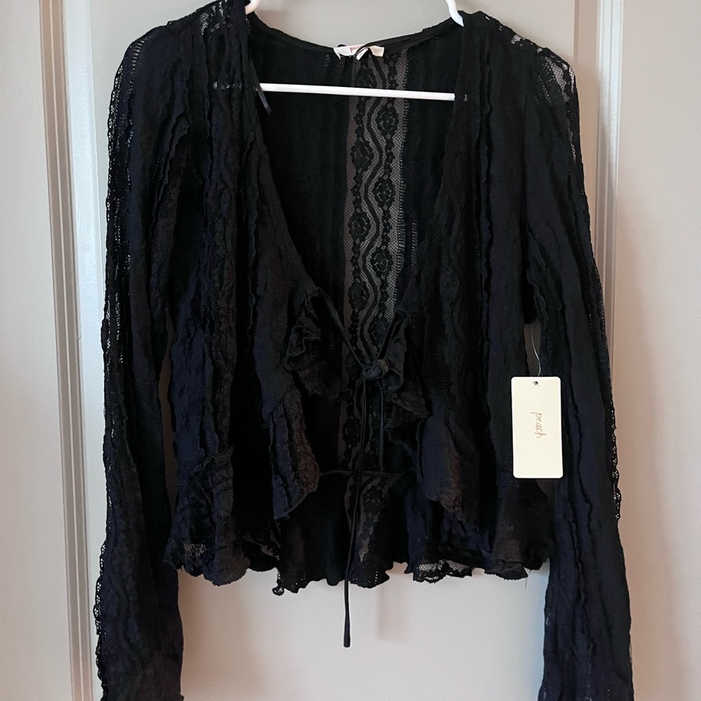 Black Ruched Ruffled Bell Sleeve Blouse - Picture 4 of 4